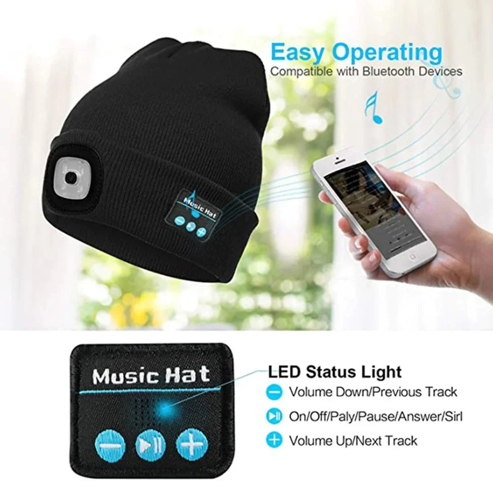 Winter Unisex Beanie Knitted Hat Wireless Bluetooth 5.0 Headphone with LED Light